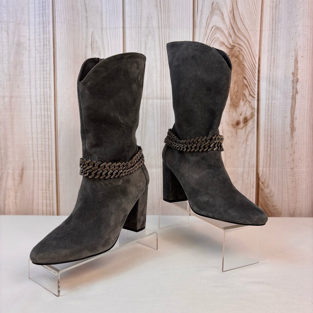 WHBM Suede Boots Chain Bracelet Chunky Mid Heel Boot Smoked Pearl Size 6 - Picture 5 of 16